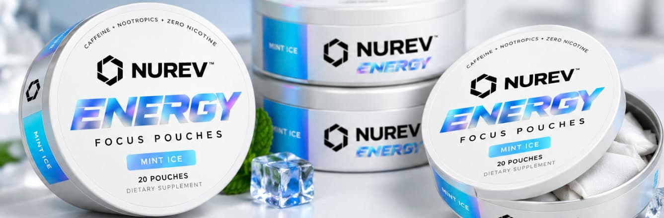NUREV ENERGY Mint Ice Focus Pouches tins on ice with mint